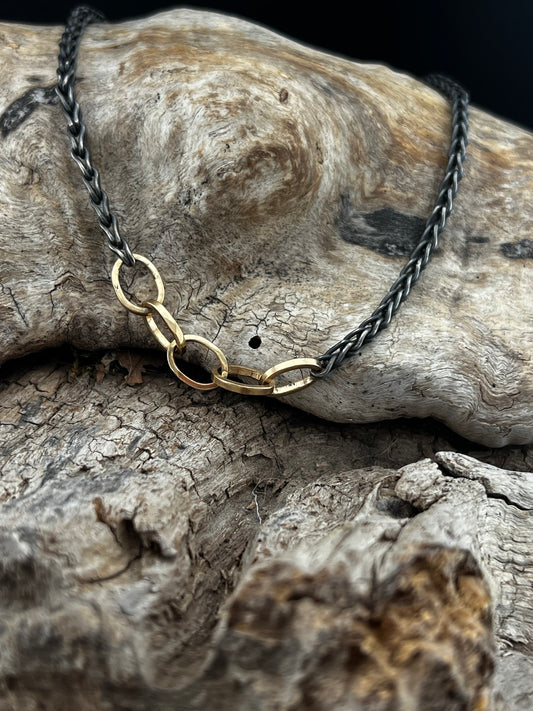 Fox tail chain, oxidized with 14K gold links