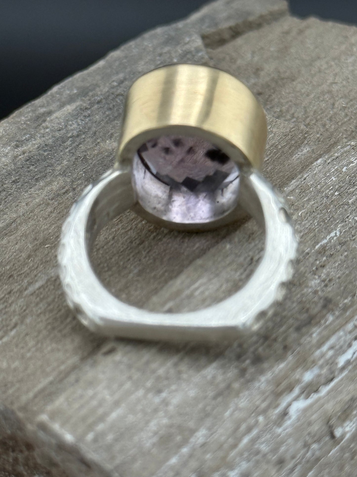 Natural Amethyst Statement Ring | 14k Gold Bezel | Hand-Carved Sterling Silver Band