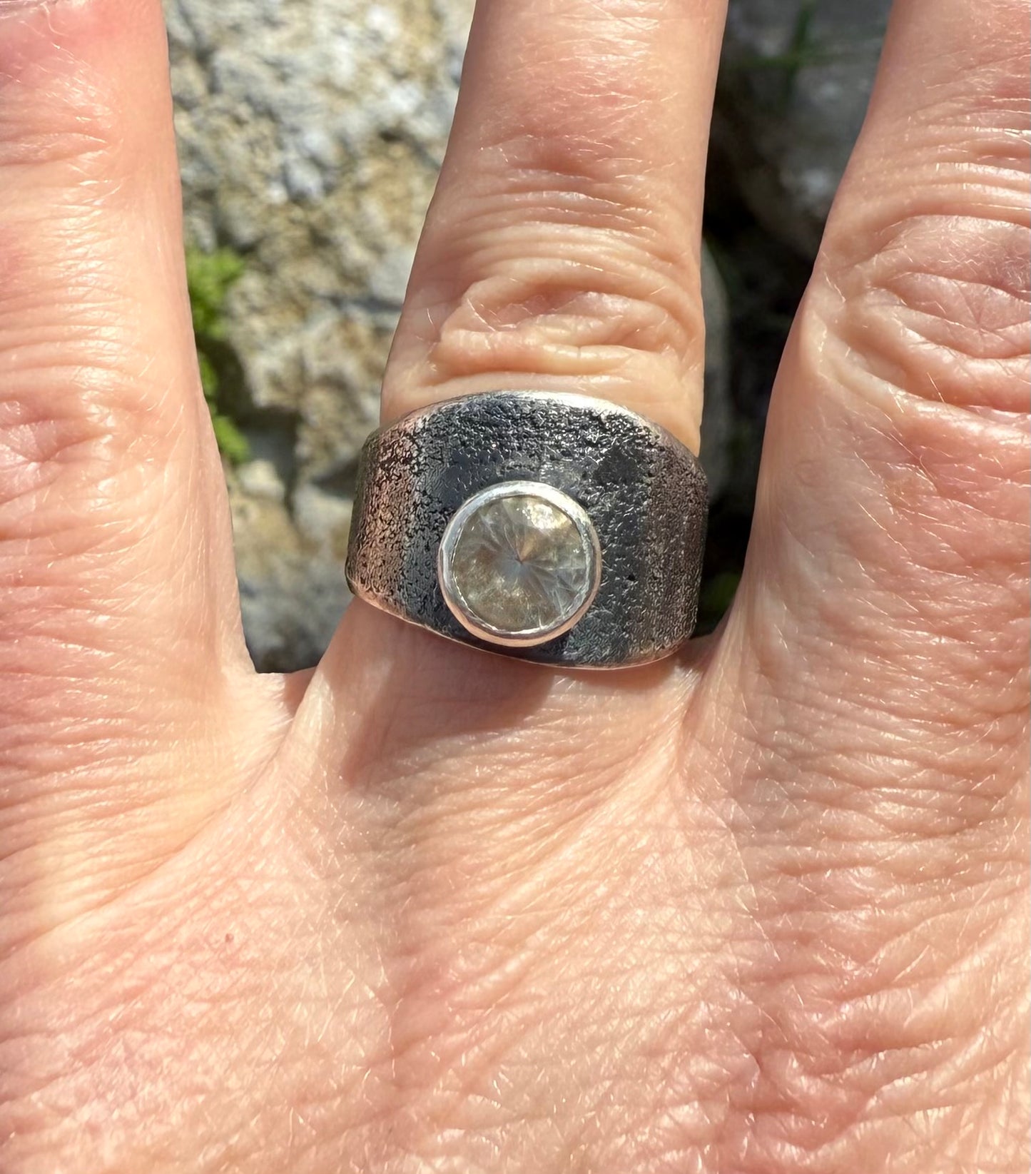 Oregon Sunstone Ring | Clear Sunstone | Patinated Wide Sterling Silver Band