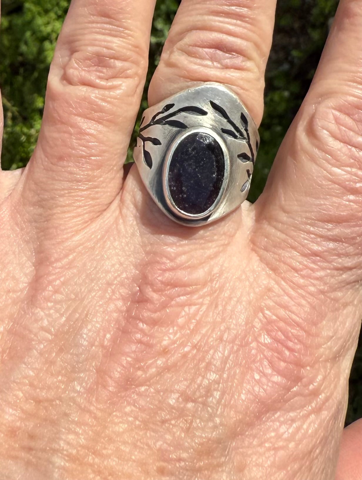 Iolite Saddle Ring | Bloodshot Iolite | Organic Saw work Sterling Silver Band
