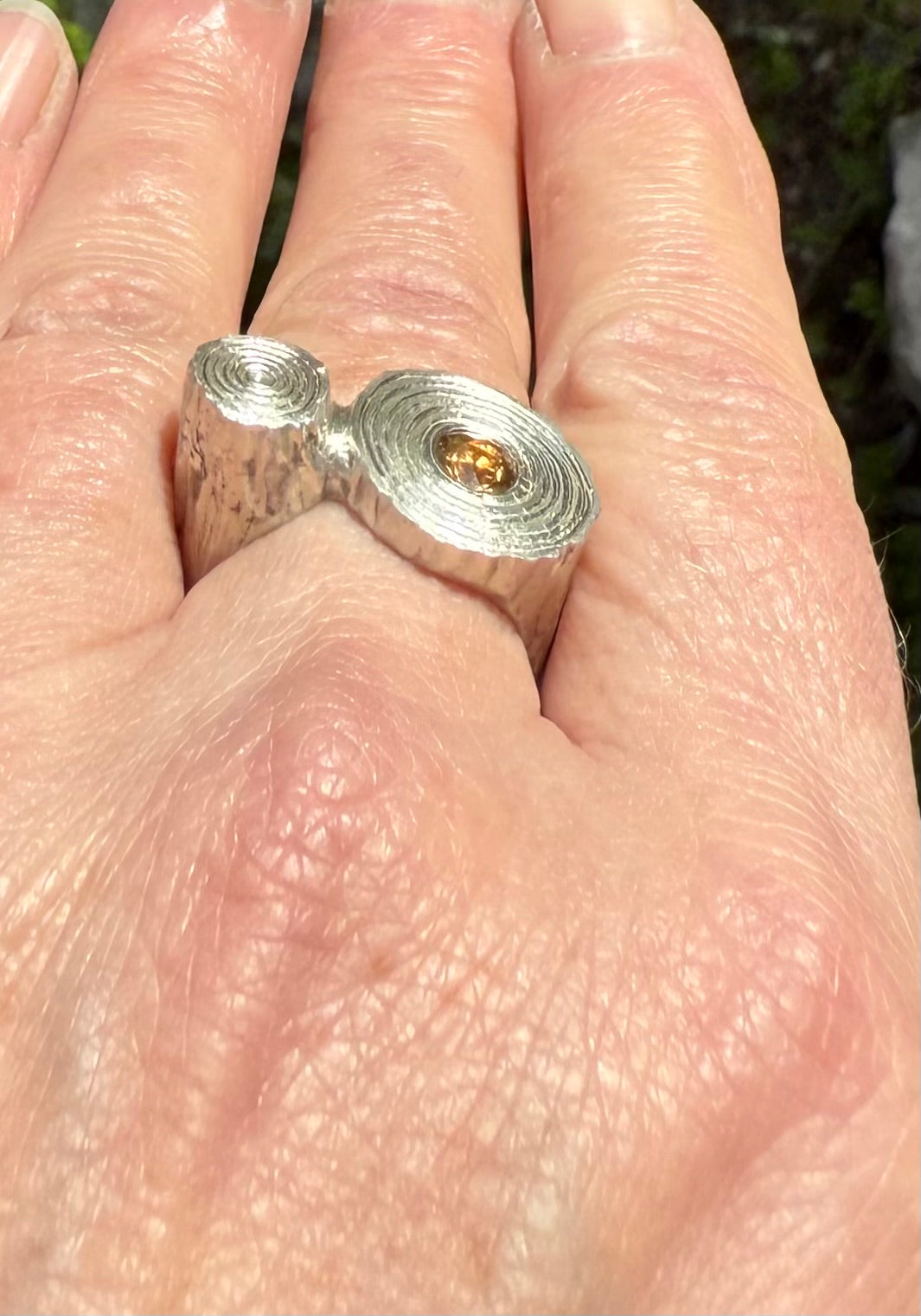 Hand-Carved Sand-Cast Citrine Ring | Flush Set Orange Citrine | Organic Texture Sterling Silver