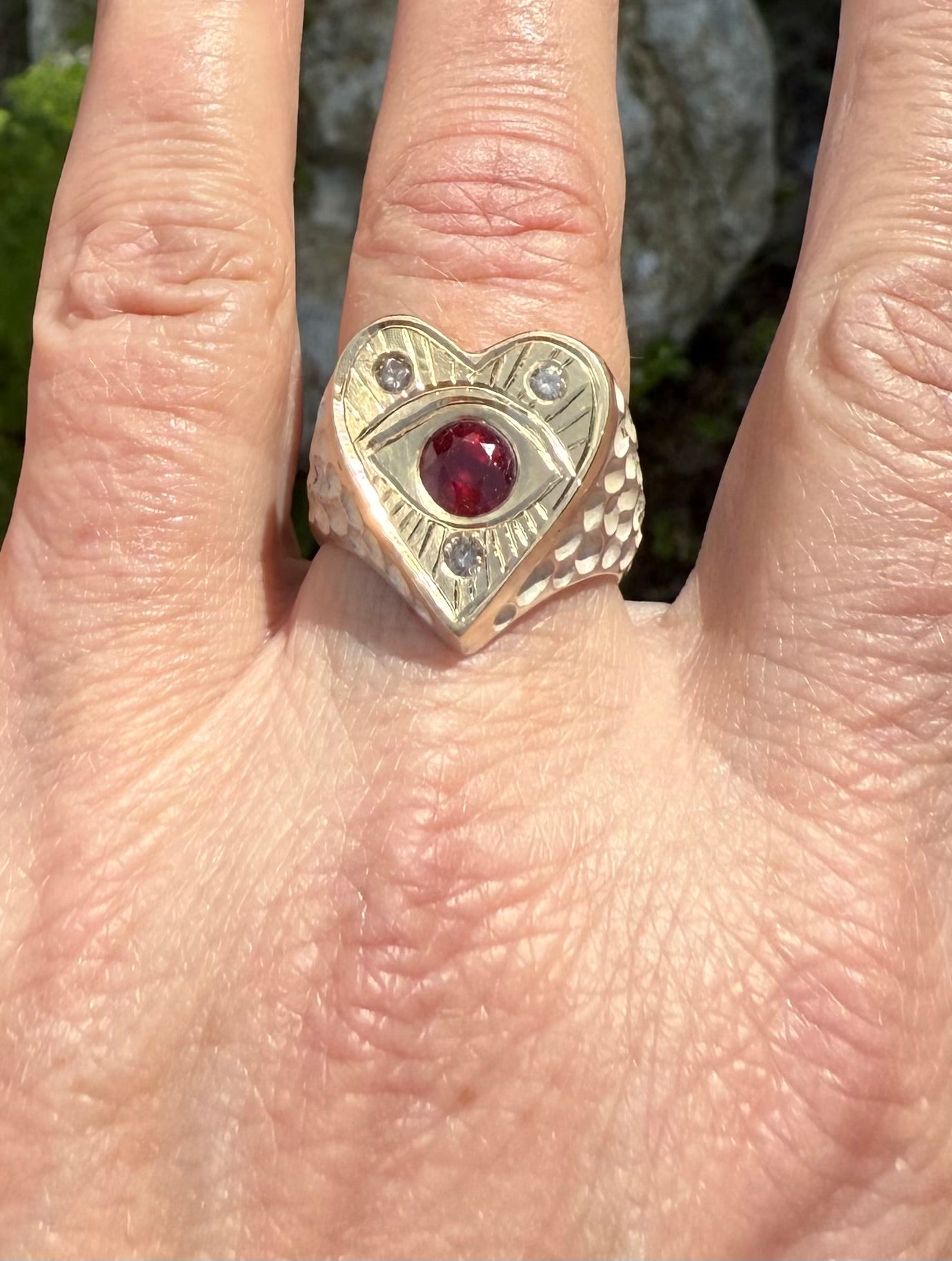 Hand-Engraved Eye & Heart Ring | Flush Set Ruby & Diamond | 14k Gold Sterling Silver