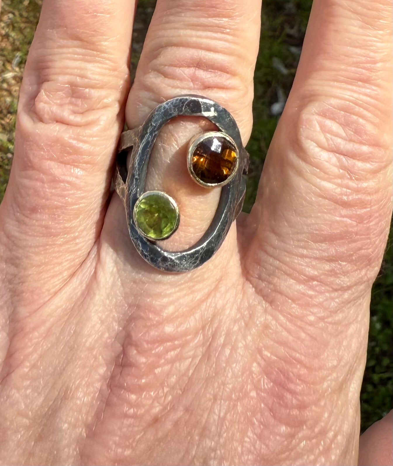 Whiskey Quartz & Peridot Ring | Negative Space Design | 14k Gold & Patinated Sterling Silver