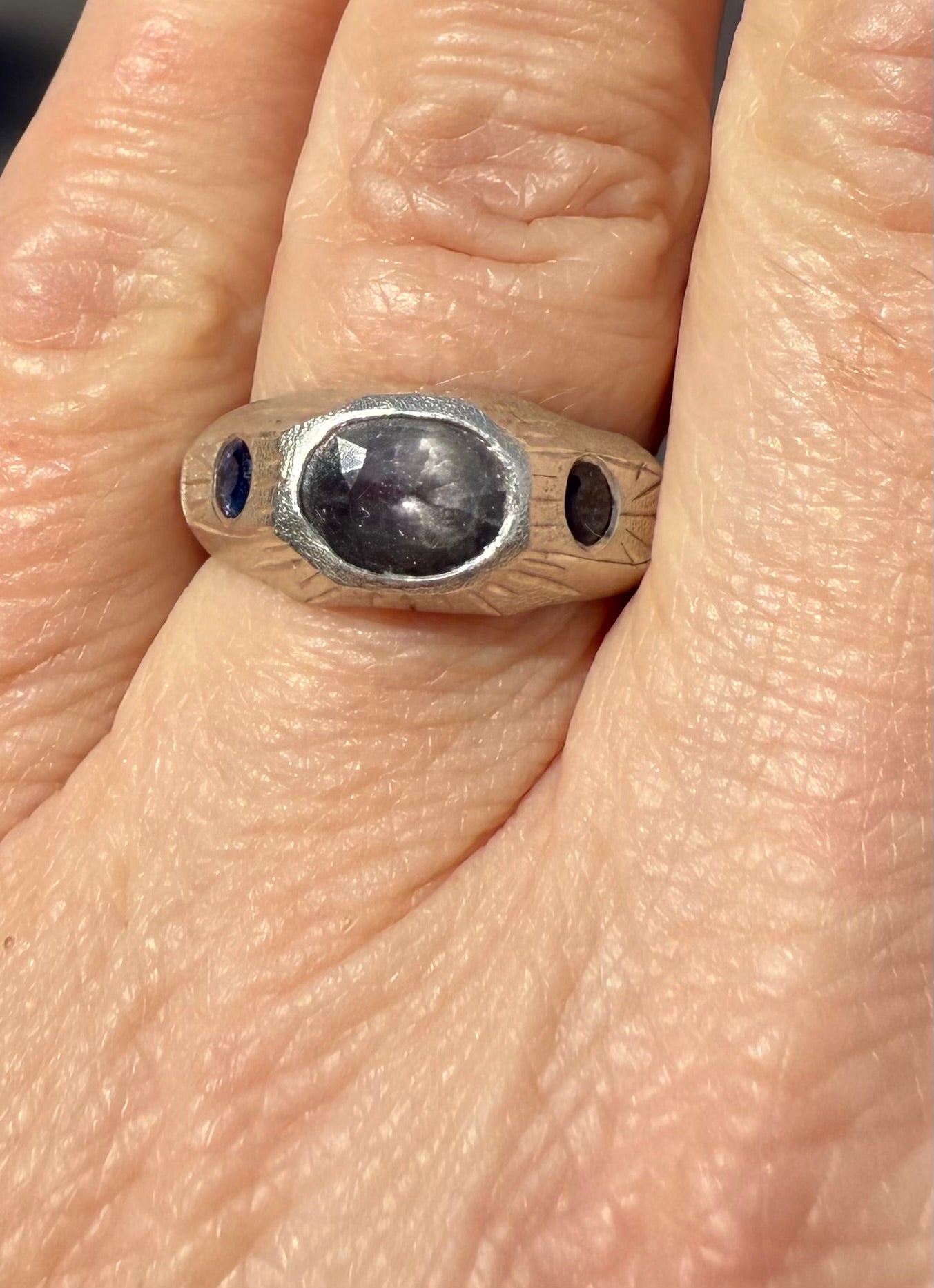 Hand-Carved Spinel & Sapphire Ring | Purple-Gray Spinel | Hand-Engraved Sterling Silver