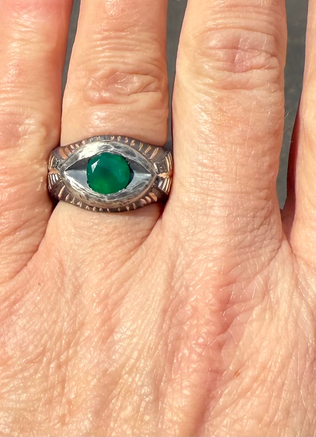 Hand-Carved Eye Ring | Green Onyx | Hand-Engraved Patinated Sterling Silver