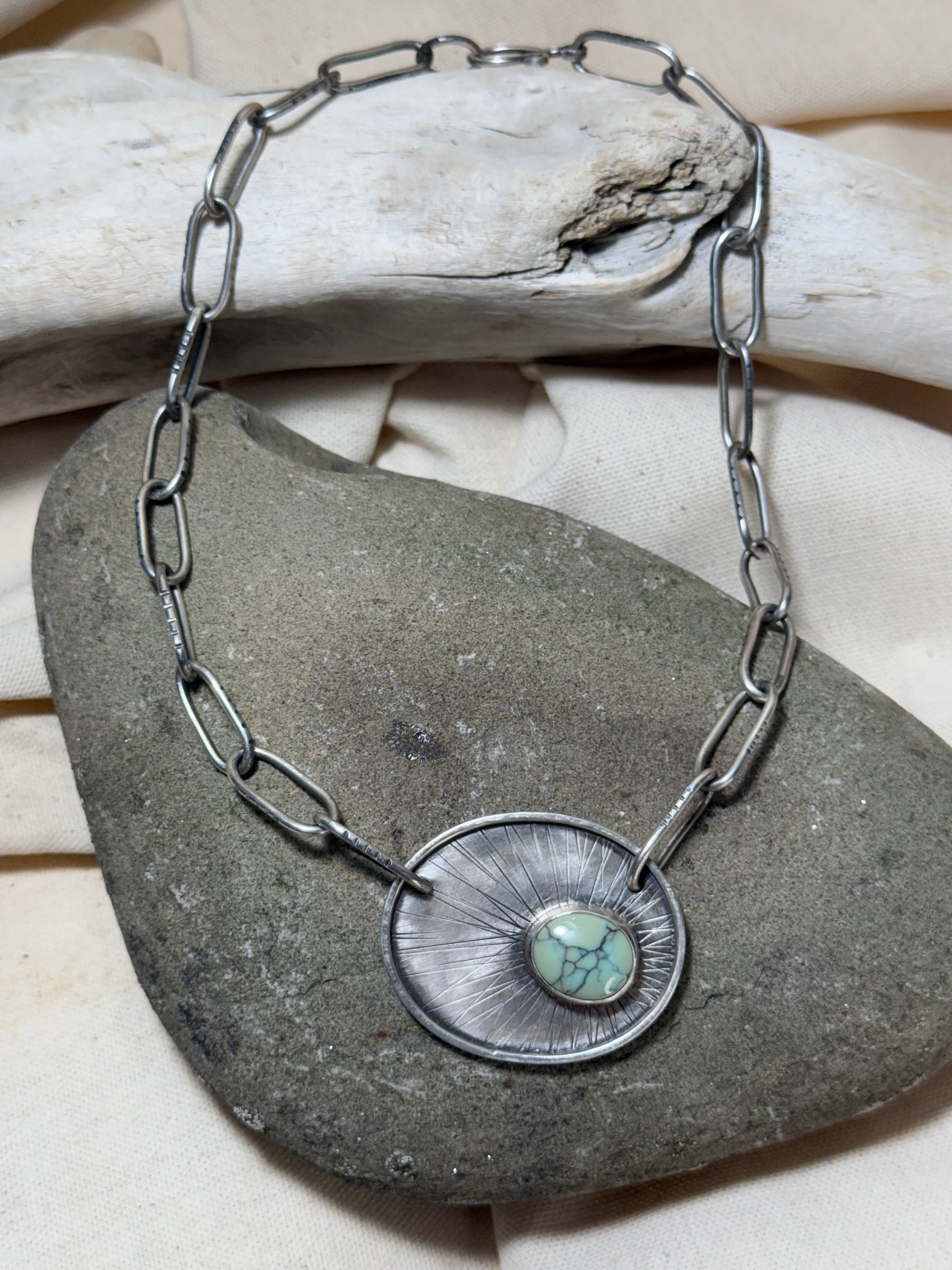 Handmade variscite pendant necklace in hand-textured sterling silver, one-of-a-kind artisan jewelry