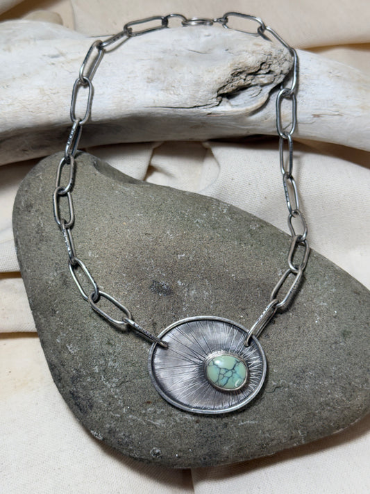 Handmade variscite pendant necklace in hand-textured sterling silver, one-of-a-kind artisan jewelry