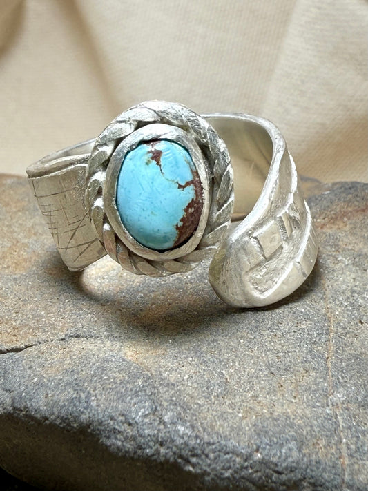 Handmade turquoise statement ring with sterling silver adjustable  band