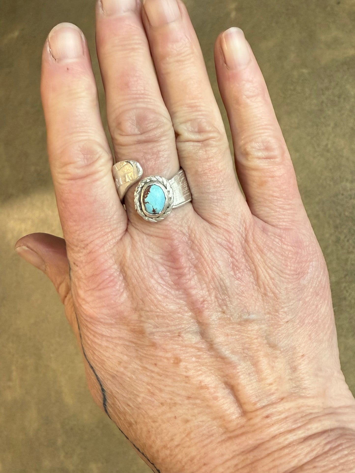 Handmade turquoise statement ring with sterling silver adjustable  band