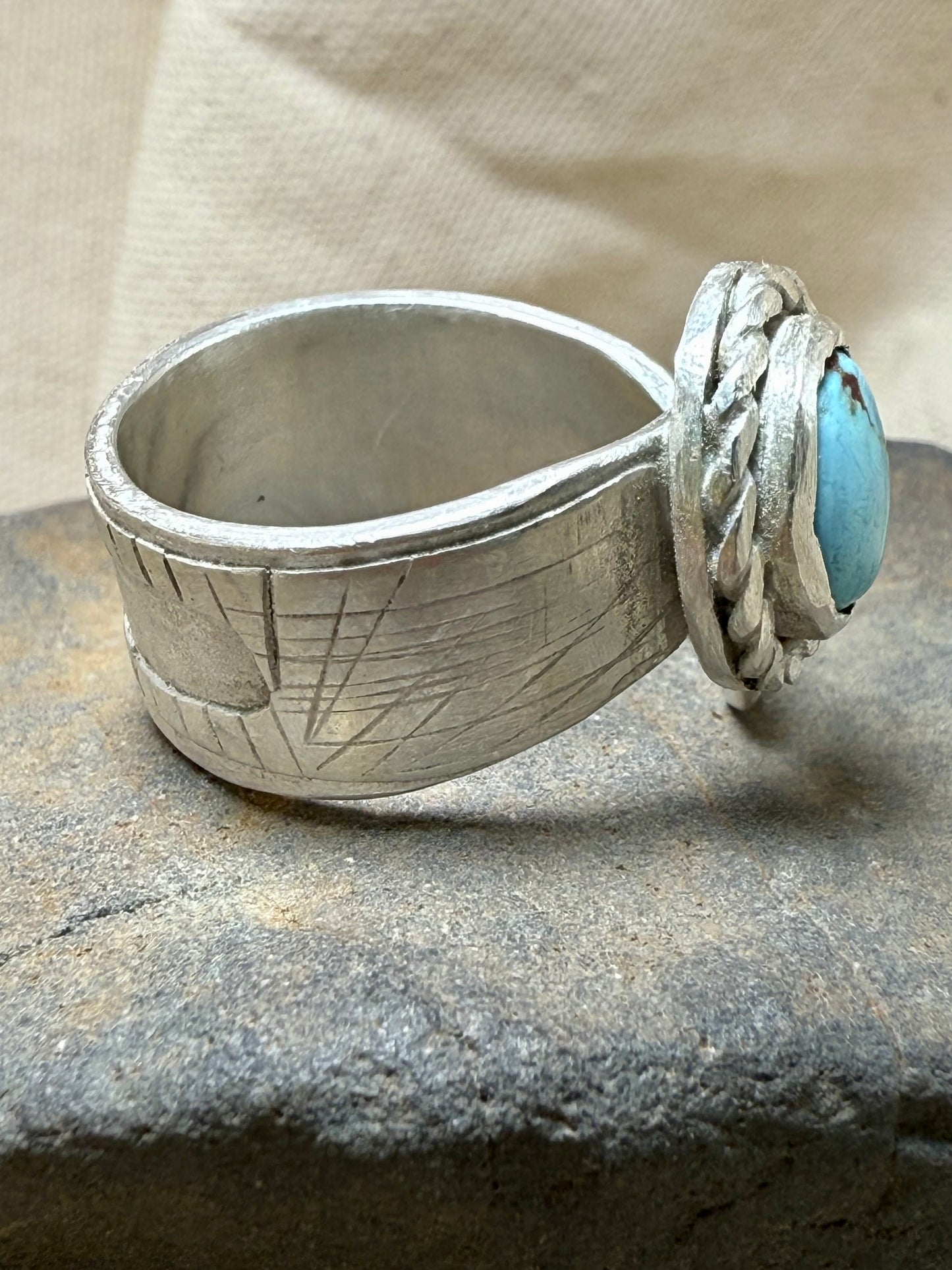 Handmade turquoise statement ring with sterling silver adjustable  band
