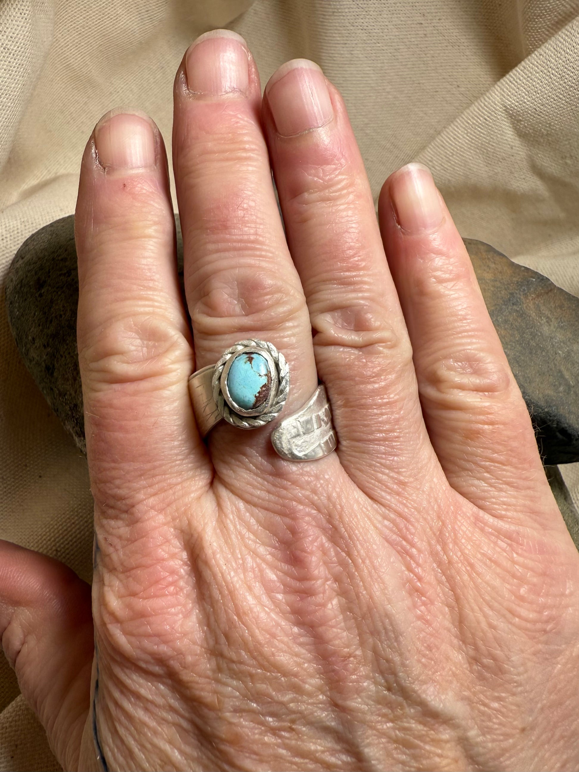 Handmade turquoise statement ring with sterling silver adjustable  band