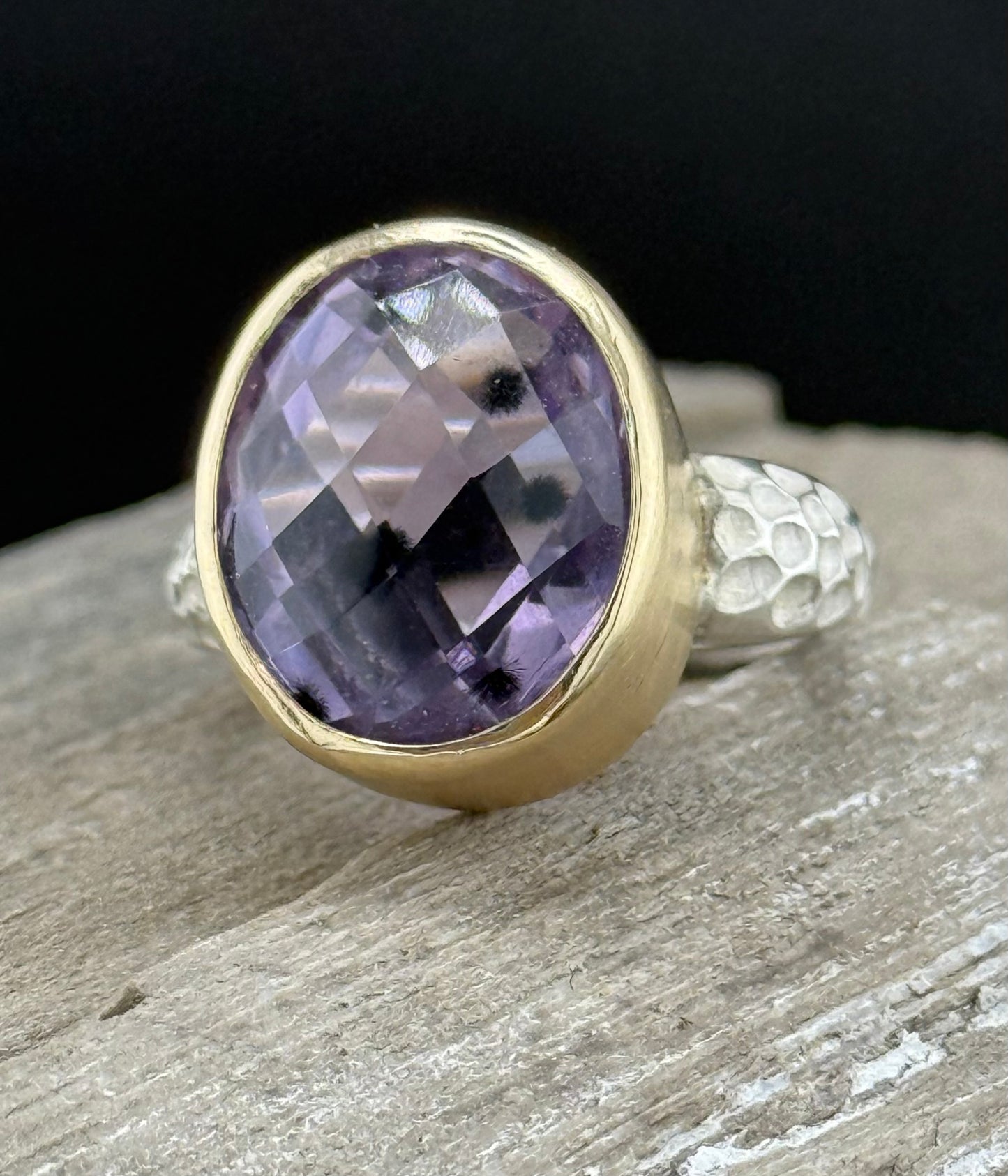 Natural Amethyst Statement Ring | 14k Gold Bezel | Hand-Carved Sterling Silver Band