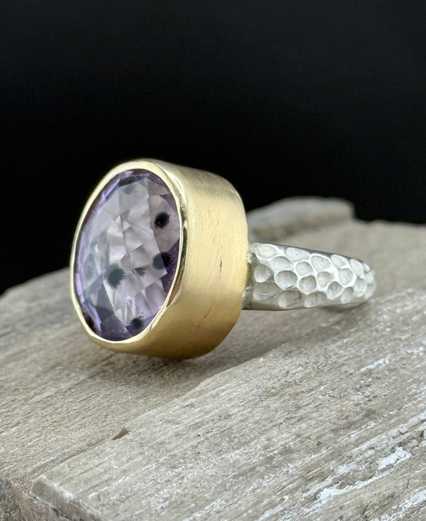 Natural Amethyst Statement Ring | 14k Gold Bezel | Hand-Carved Sterling Silver Band