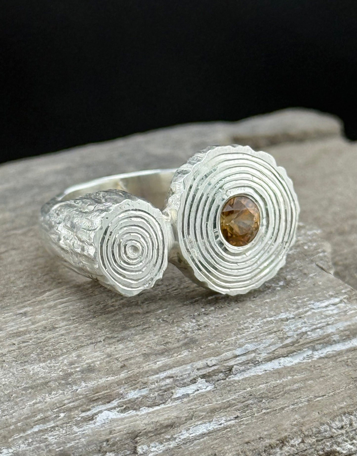 Hand-Carved Sand-Cast Citrine Ring | Flush Set Orange Citrine | Organic Texture Sterling Silver