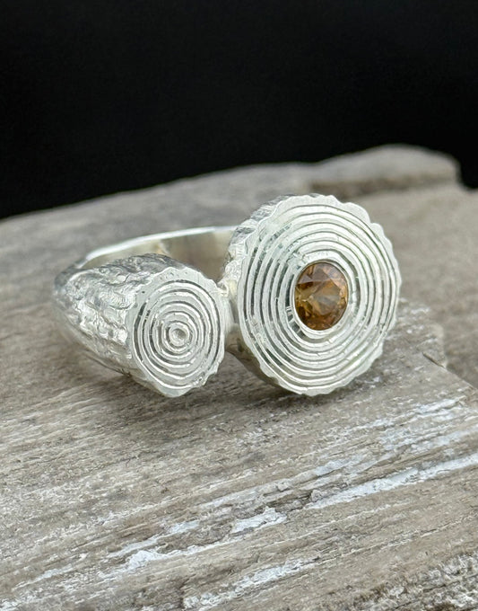 Hand-Carved Sand-Cast Citrine Ring | Flush Set Orange Citrine | Organic Texture Sterling Silver