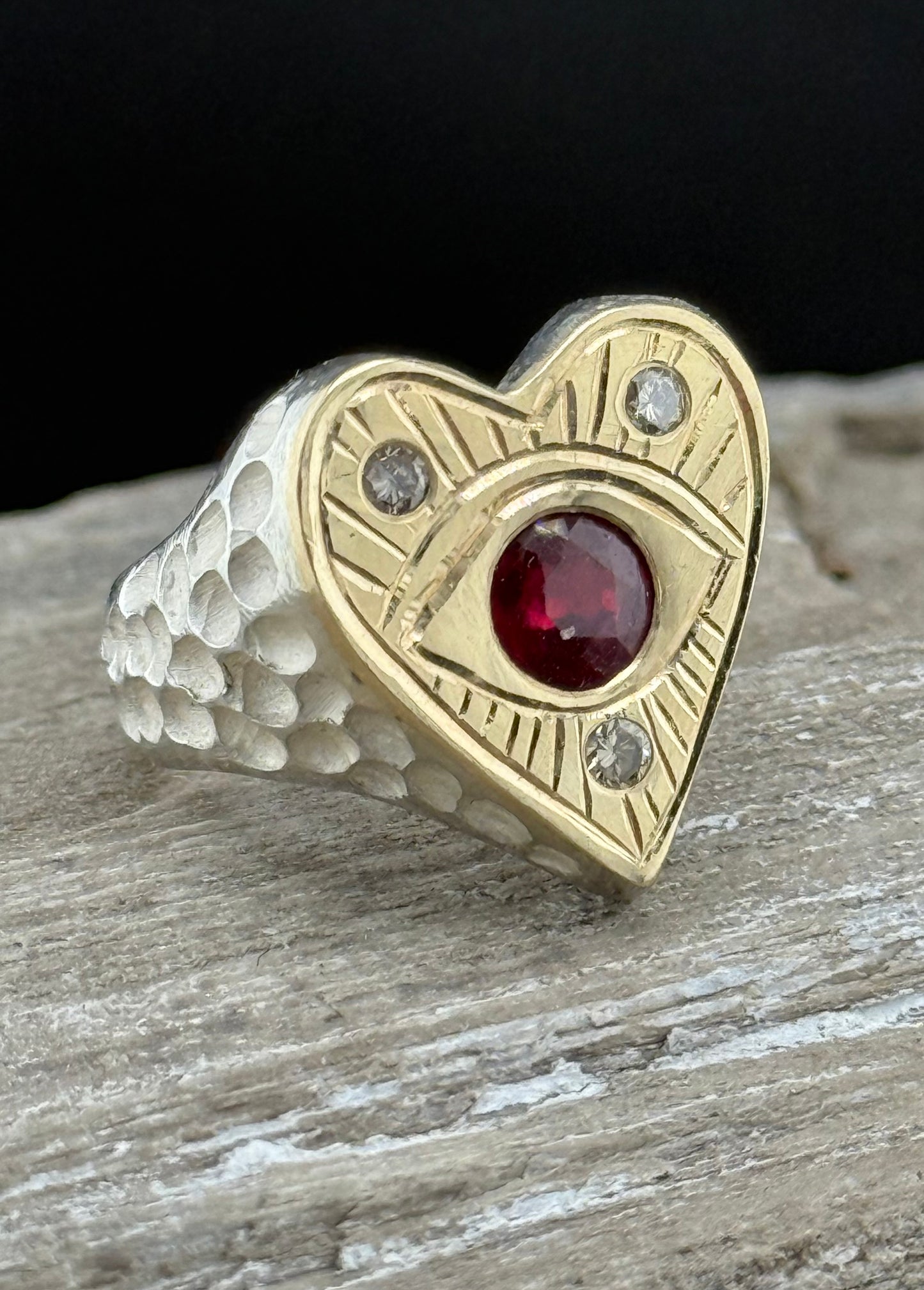 Hand-Engraved Eye & Heart Ring | Flush Set Ruby & Diamond | 14k Gold Sterling Silver