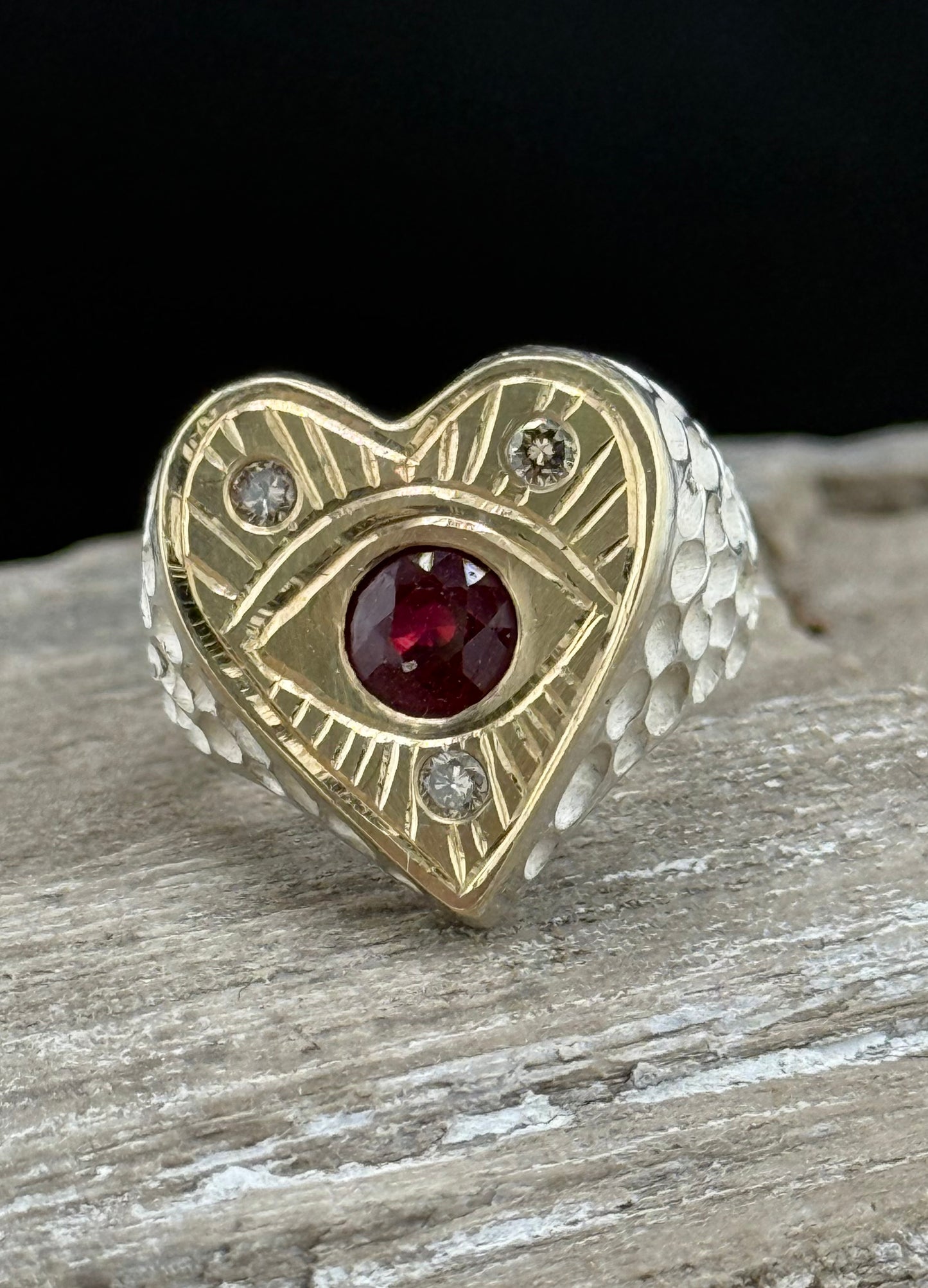 Hand-Engraved Eye & Heart Ring | Flush Set Ruby & Diamond | 14k Gold Sterling Silver