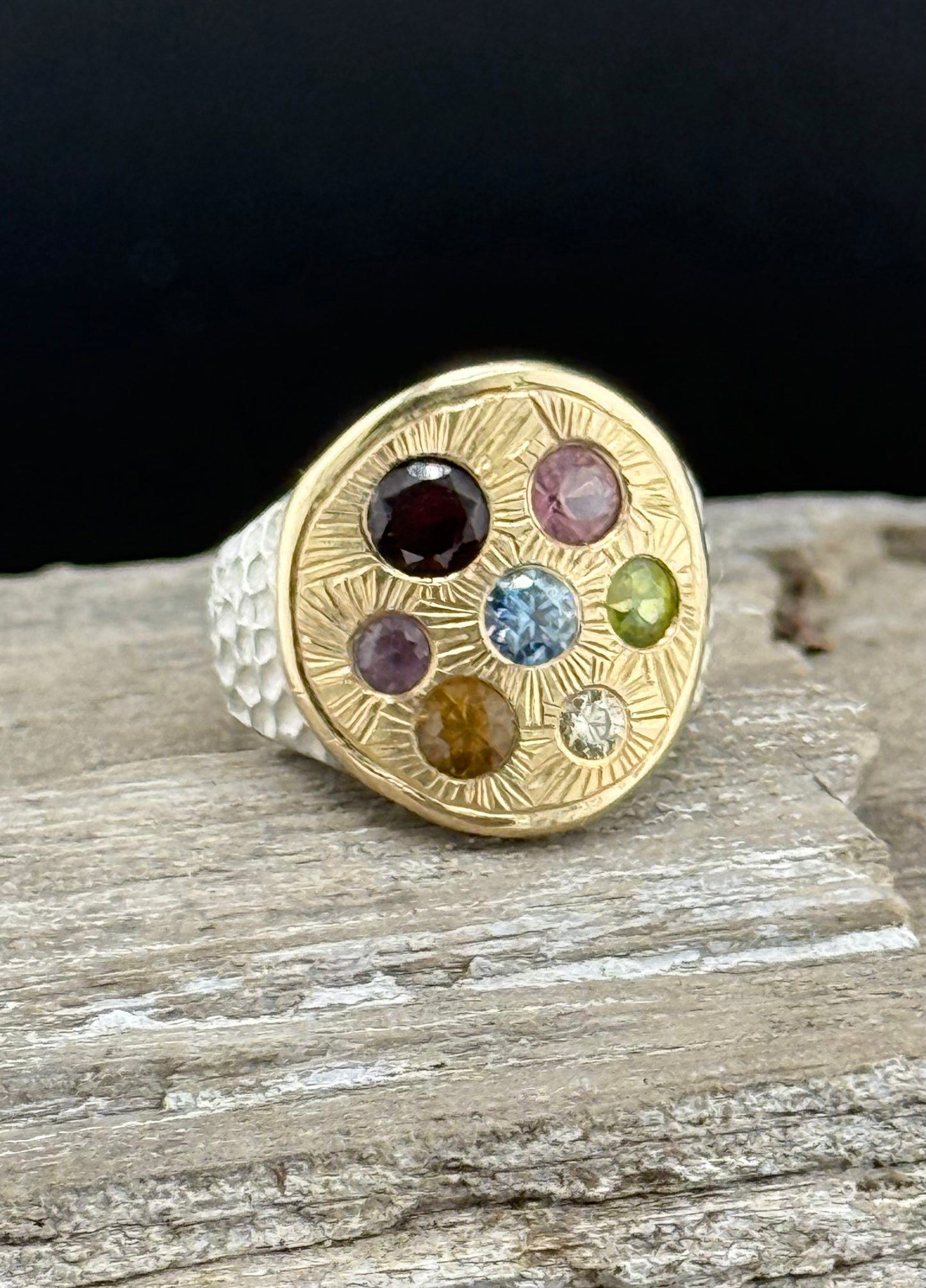 Multi-Stone Flush Set Ring | Garnet, Moissanite, Spinel & Sapphire | 14k Gold & Sterling Silver