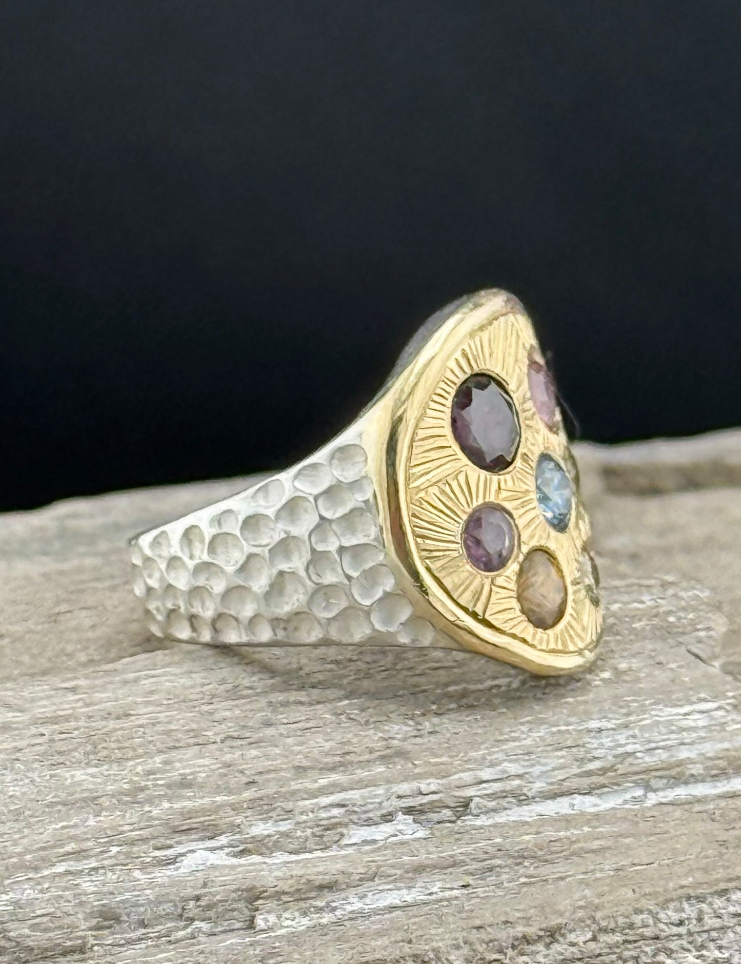 Multi-Stone Flush Set Ring | Garnet, Moissanite, Spinel & Sapphire | 14k Gold & Sterling Silver