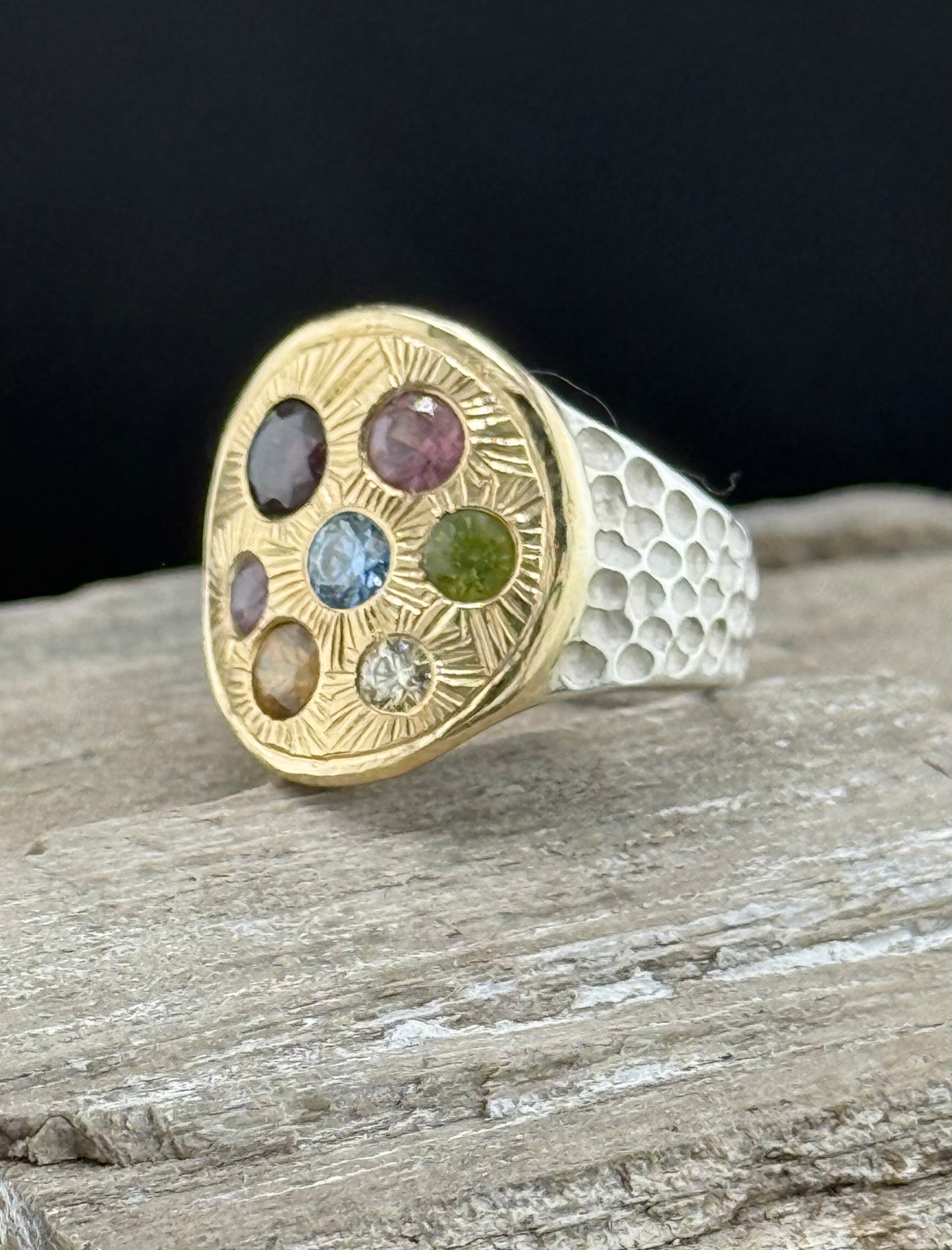 Multi-Stone Flush Set Ring | Garnet, Moissanite, Spinel & Sapphire | 14k Gold & Sterling Silver