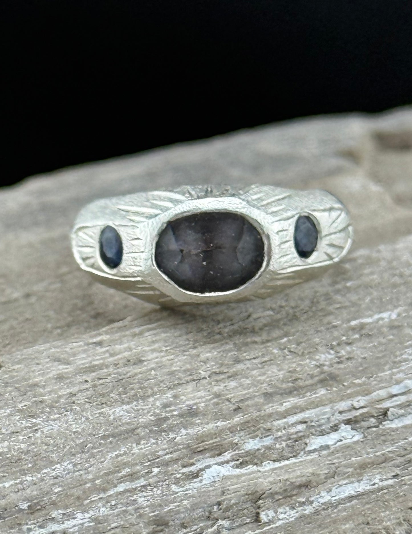 Hand-Carved Spinel & Sapphire Ring | Purple-Gray Spinel | Hand-Engraved Sterling Silver