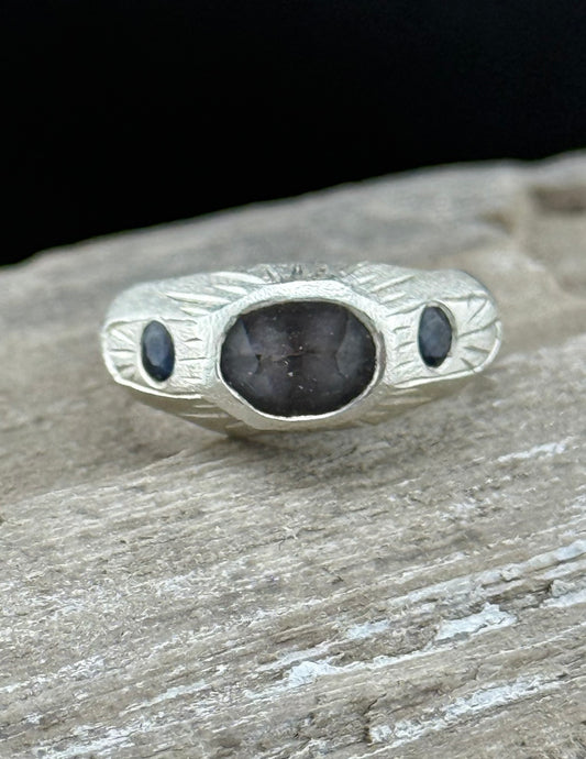 Hand-Carved Spinel & Sapphire Ring | Purple-Gray Spinel | Hand-Engraved Sterling Silver