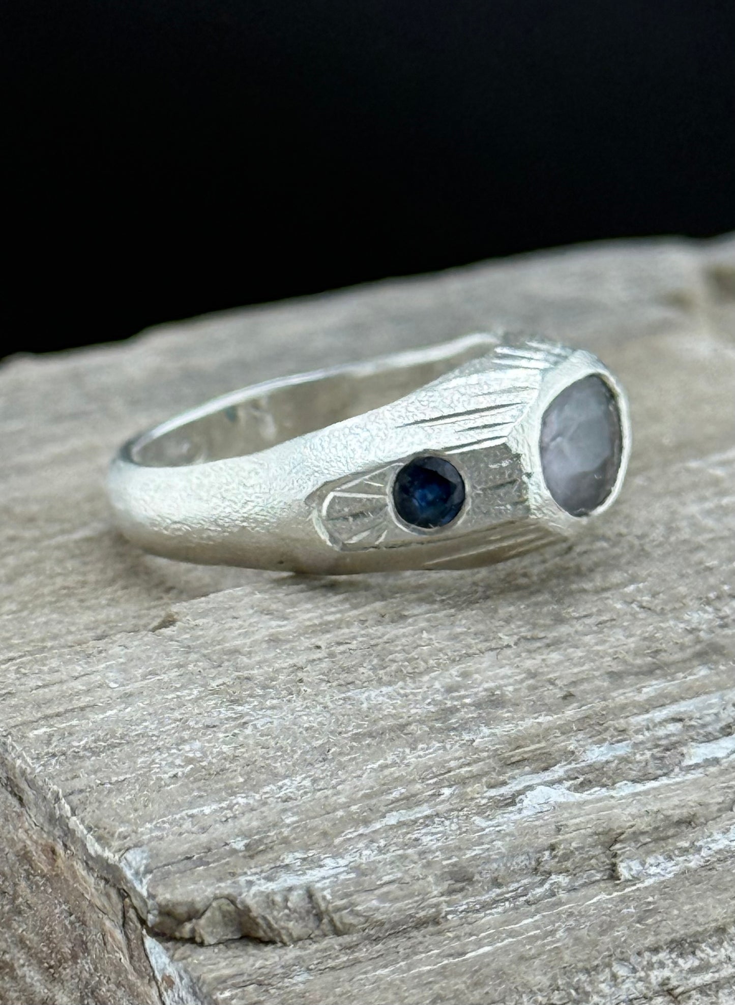 Hand-Carved Spinel & Sapphire Ring | Purple-Gray Spinel | Hand-Engraved Sterling Silver