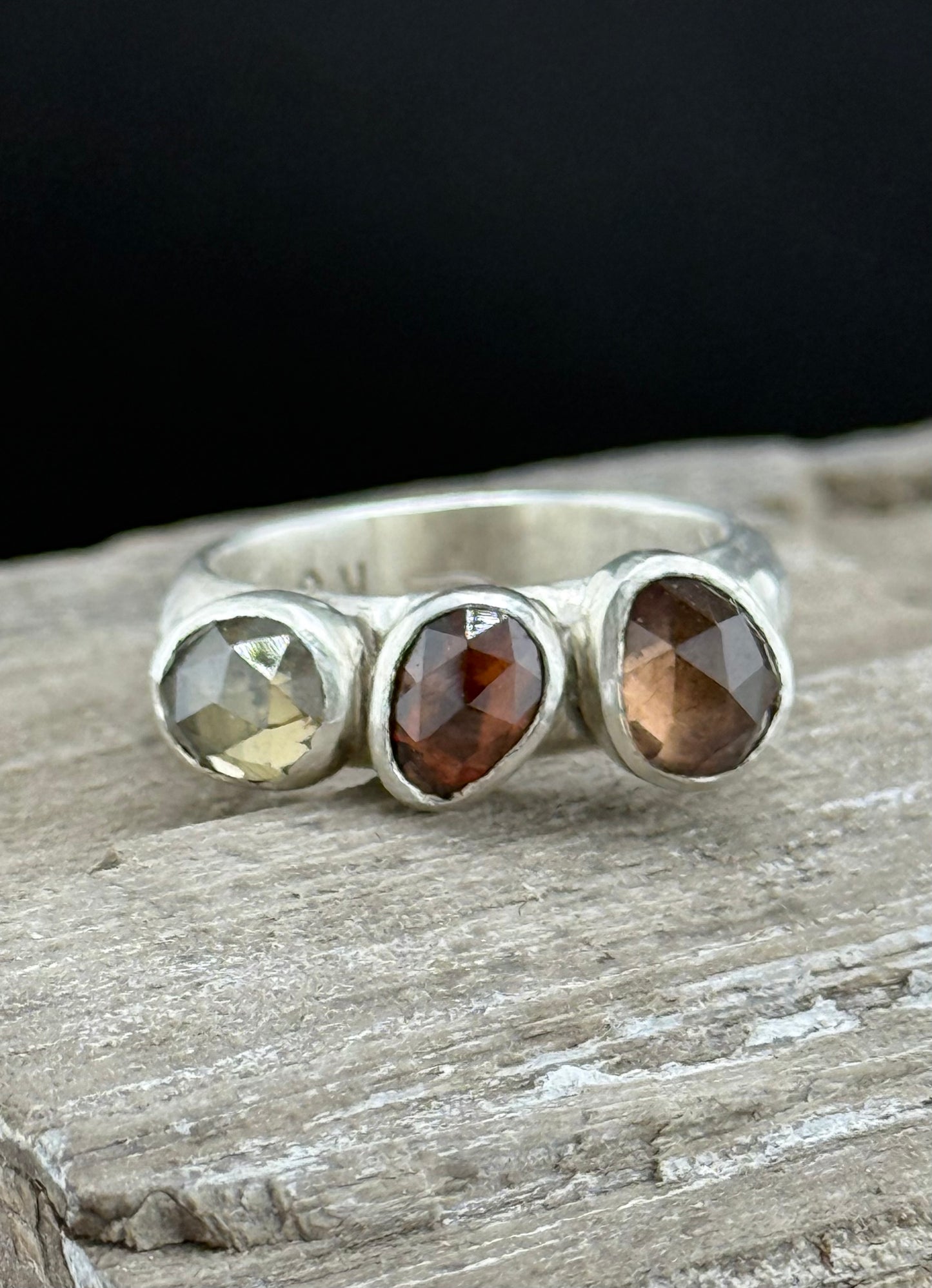 Three-Stone Zircon Ring | Autumn Zircon Trio | Hammered Sterling Silver Band