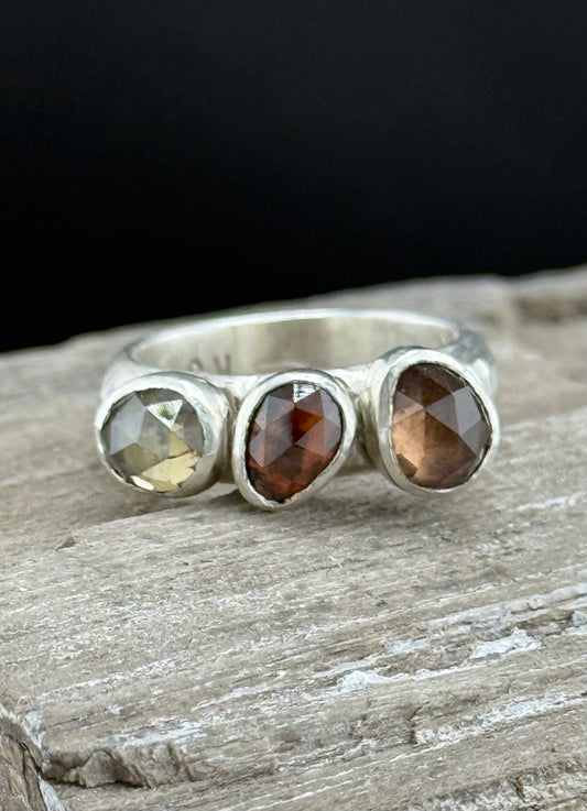 Three-Stone Zircon Ring | Autumn Zircon Trio | Hammered Sterling Silver Band