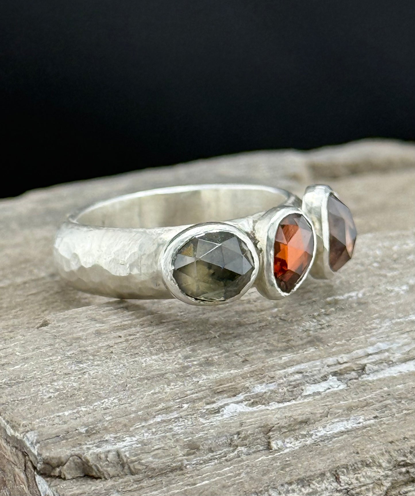 Three-Stone Zircon Ring | Autumn Zircon Trio | Hammered Sterling Silver Band