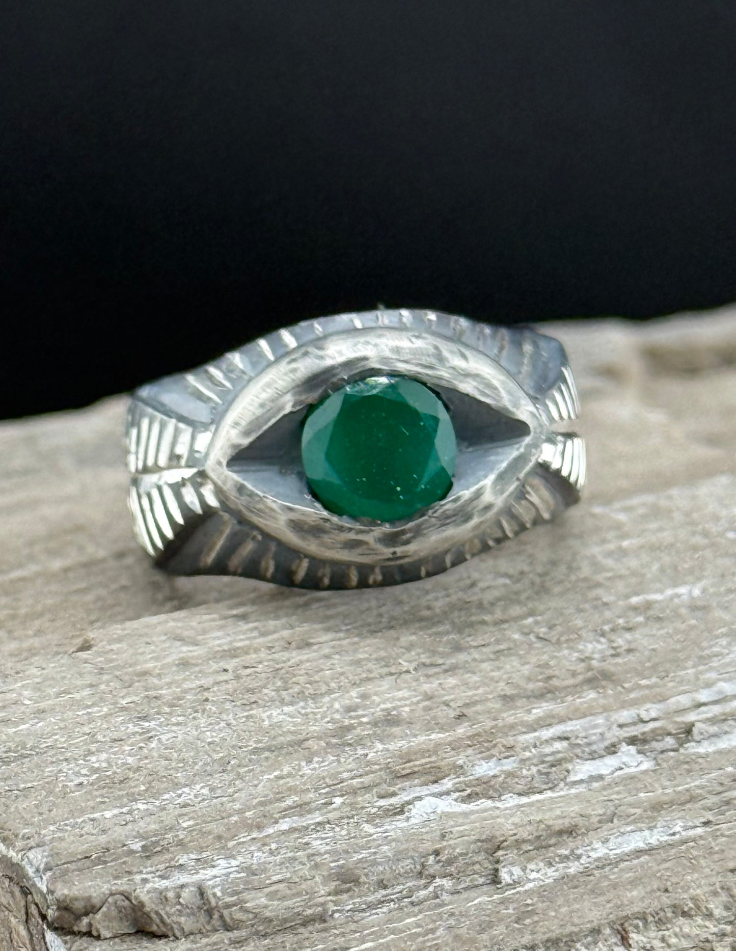 Hand-Carved Eye Ring | Green Onyx | Hand-Engraved Patinated Sterling Silver