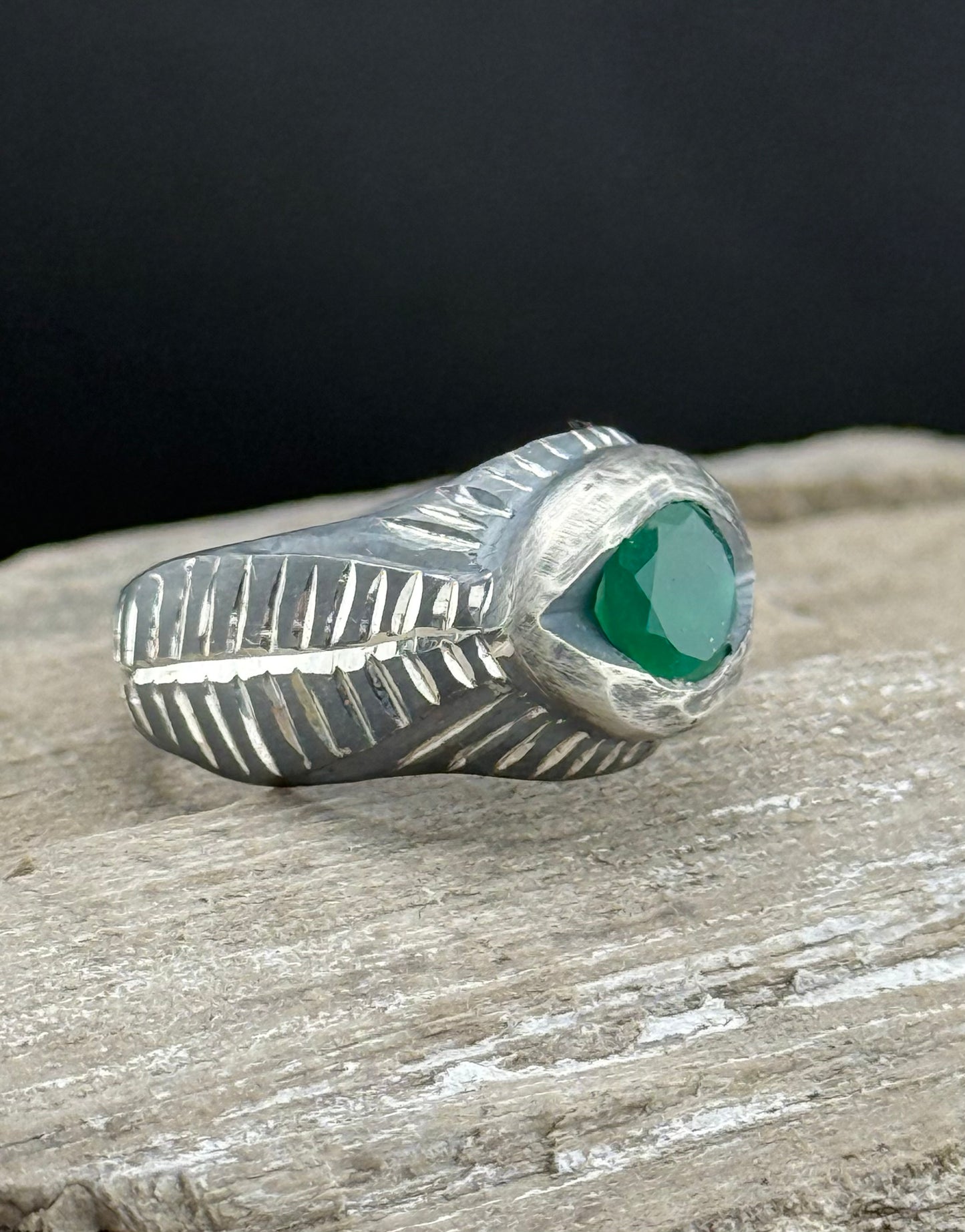 Hand-Carved Eye Ring | Green Onyx | Hand-Engraved Patinated Sterling Silver