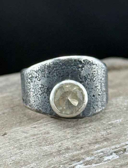 Oregon Sunstone Ring | Clear Sunstone | Patinated Wide Sterling Silver Band