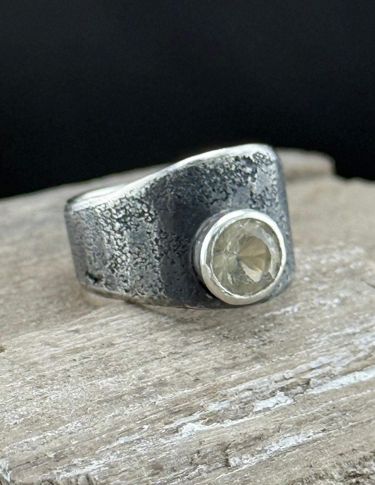 Oregon Sunstone Ring | Clear Sunstone | Patinated Wide Sterling Silver Band