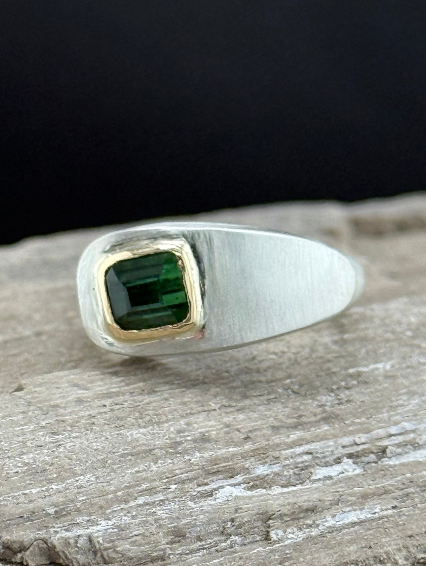 Sculptural Tourmaline Ring | 14k Gold Set Tourmaline | Hand-Carved Sterling Silver Band
