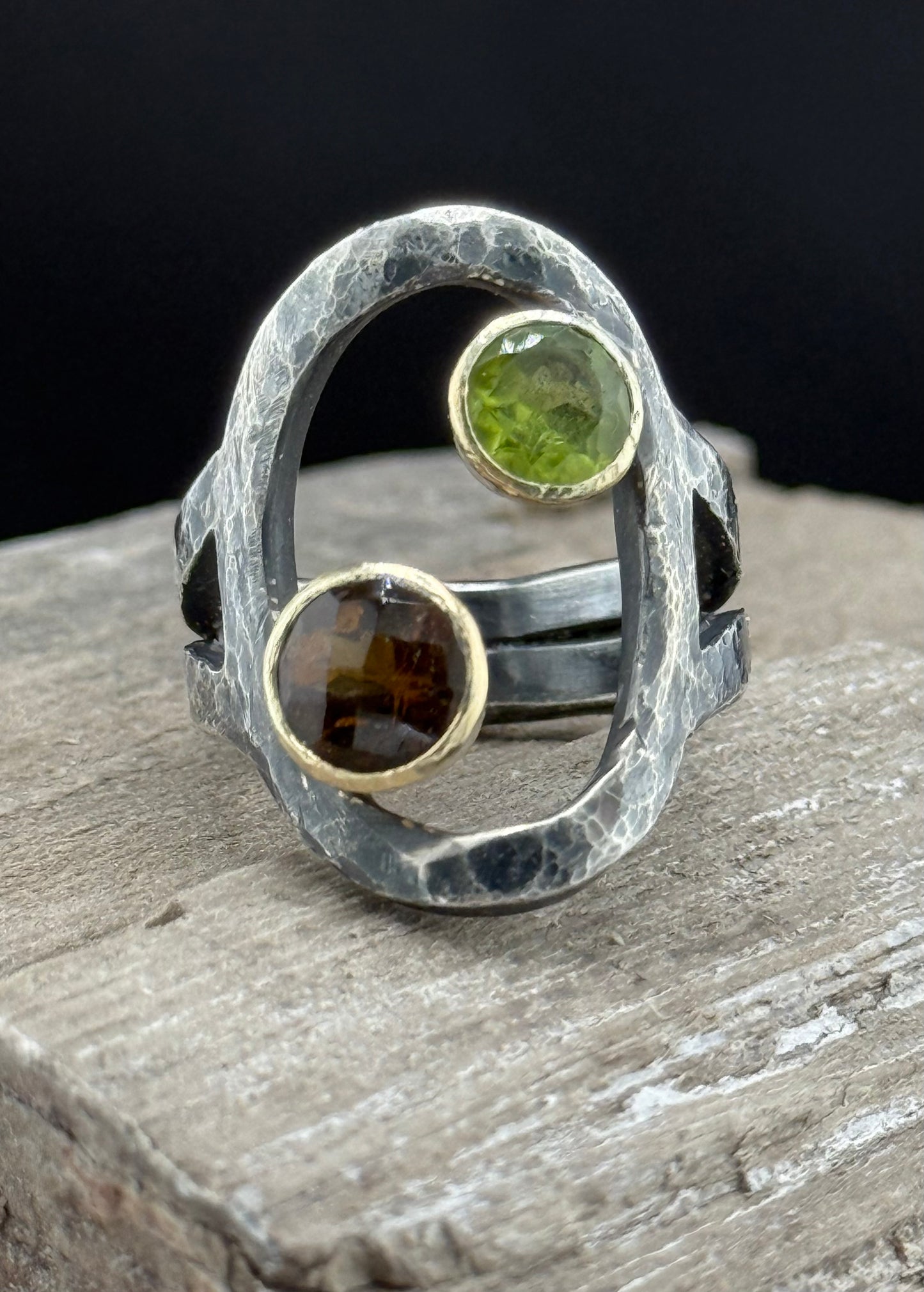 Whiskey Quartz & Peridot Ring | Negative Space Design | 14k Gold & Patinated Sterling Silver