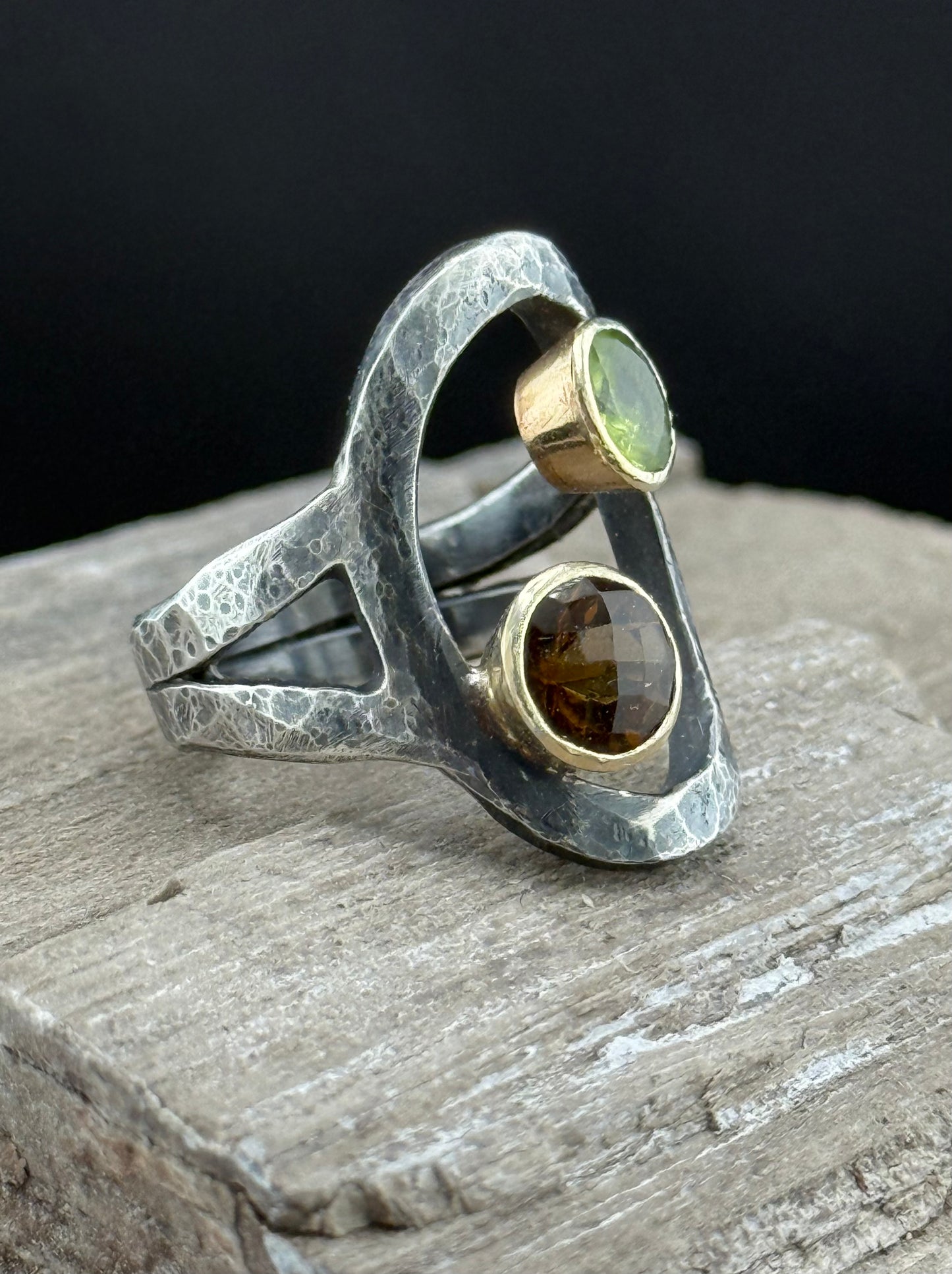 Whiskey Quartz & Peridot Ring | Negative Space Design | 14k Gold & Patinated Sterling Silver