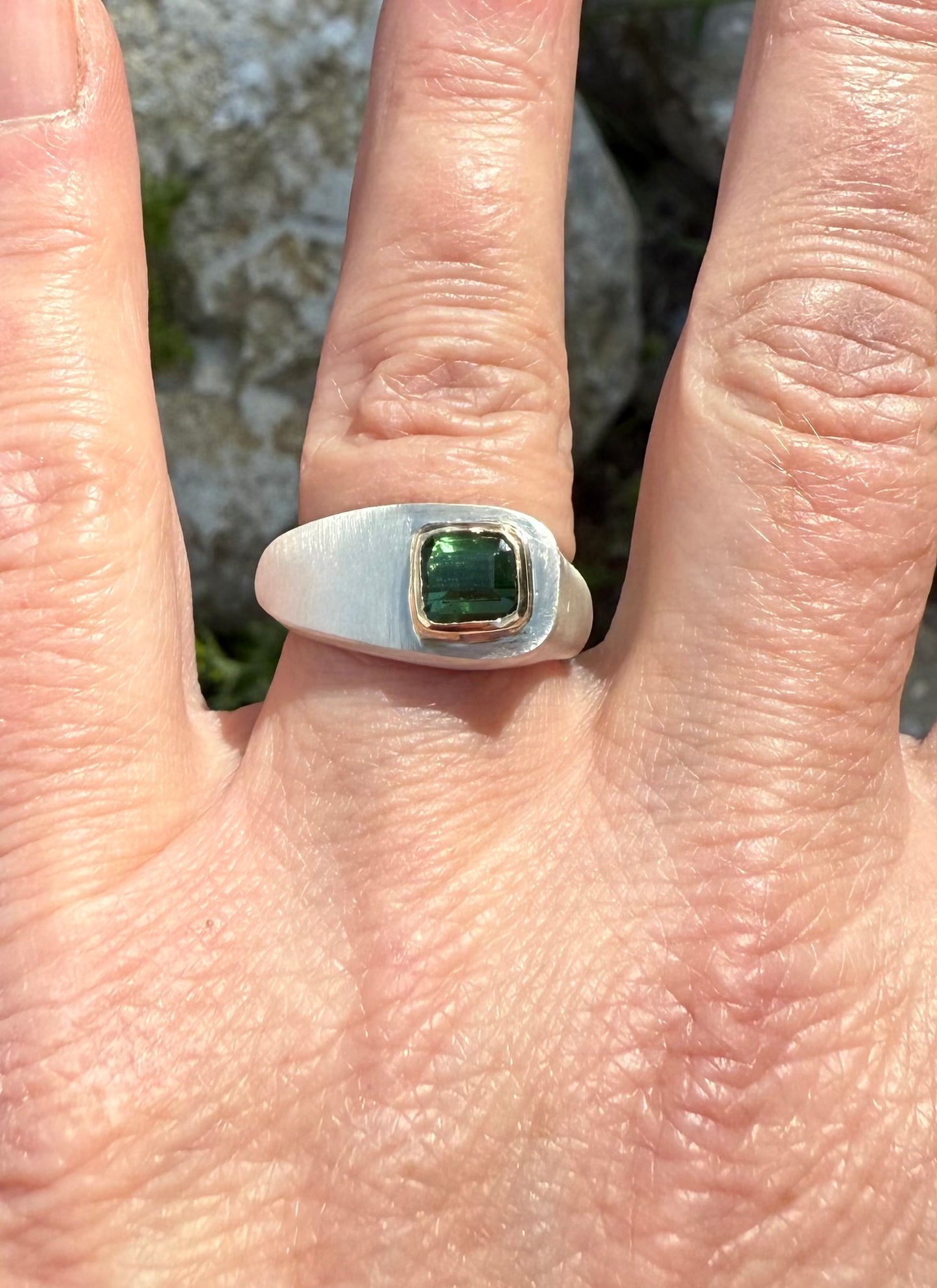 Sculptural Tourmaline Ring | 14k Gold Set Tourmaline | Hand-Carved Sterling Silver Band