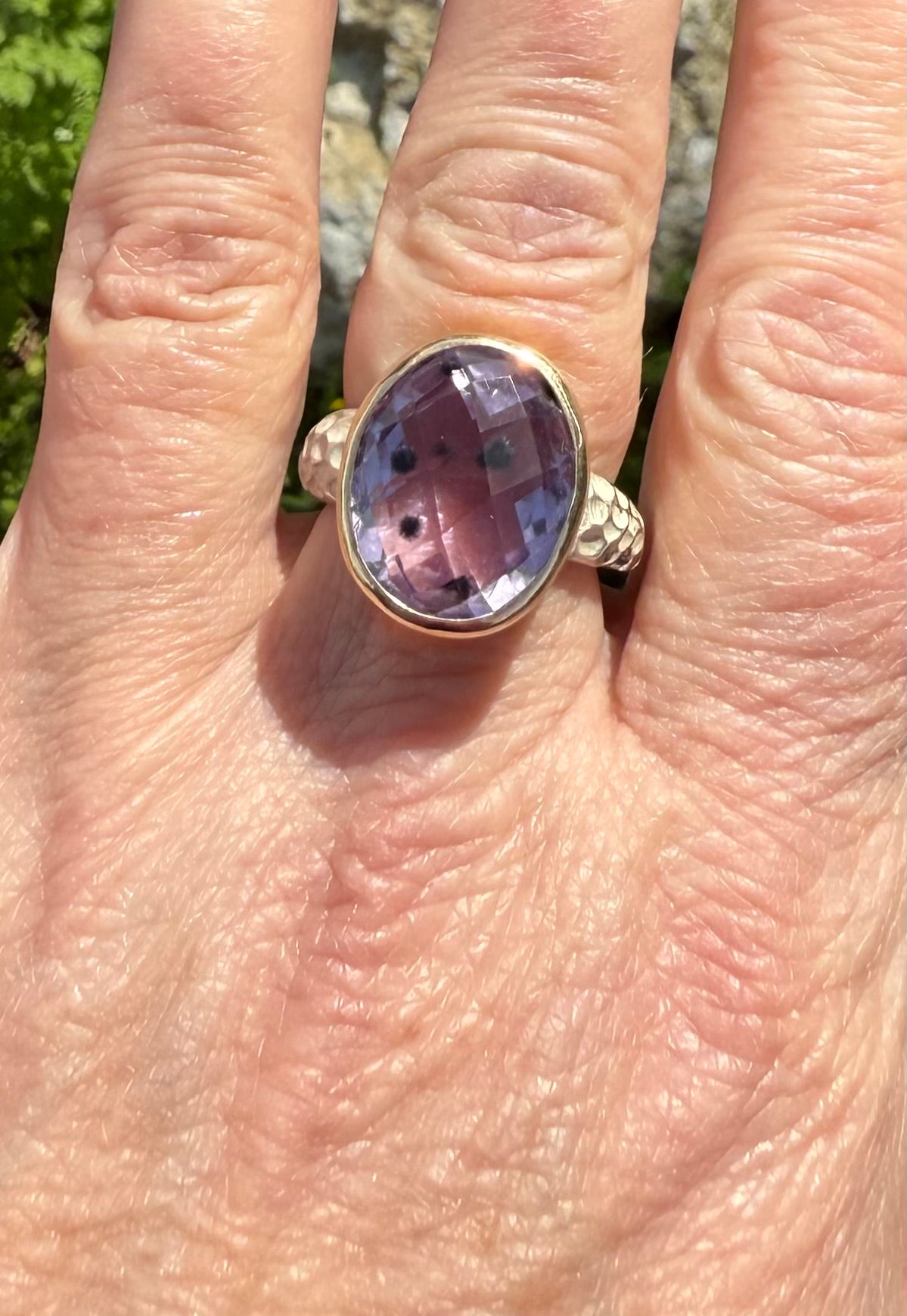 Natural Amethyst Statement Ring | 14k Gold Bezel | Hand-Carved Sterling Silver Band