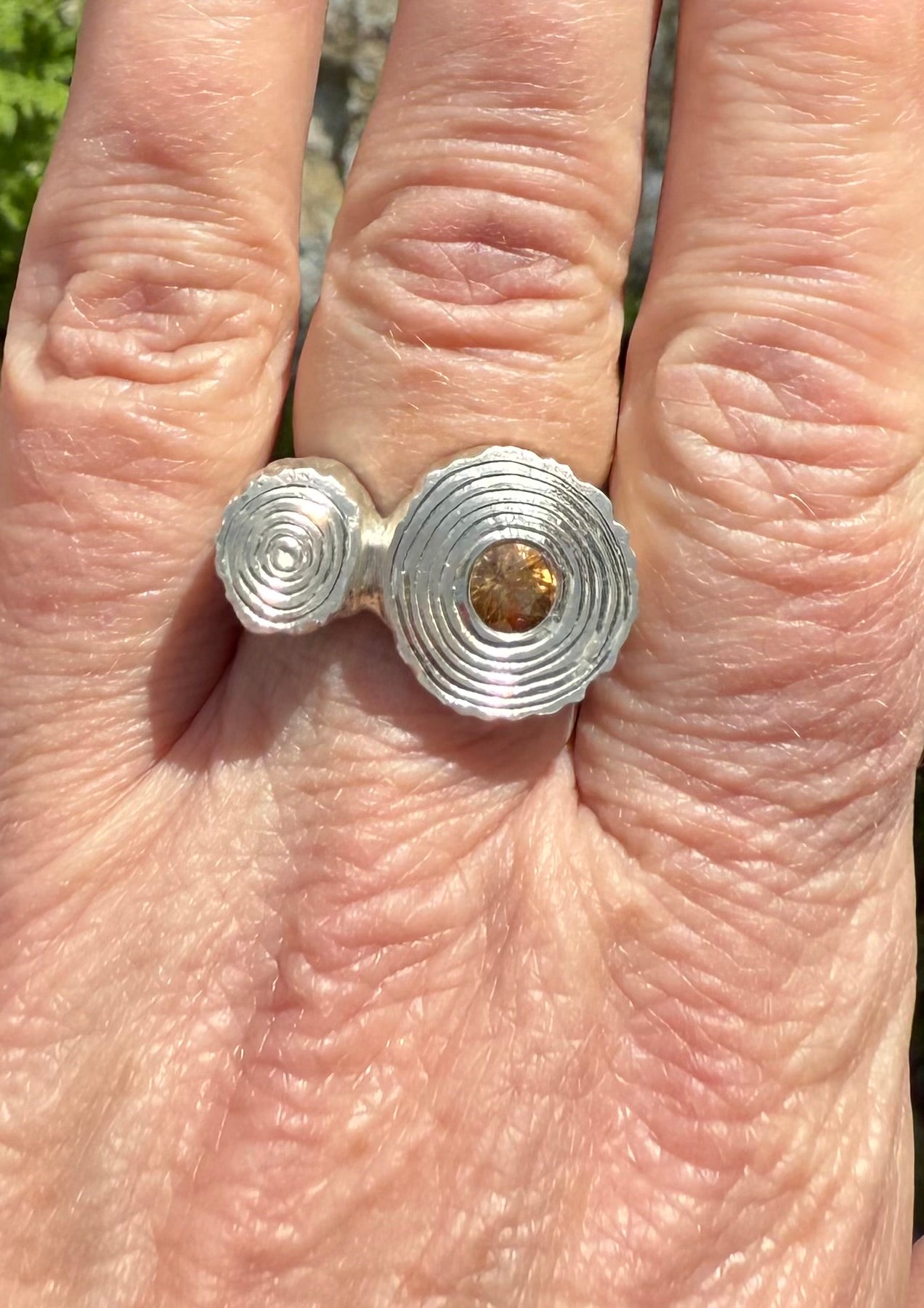 Hand-Carved Sand-Cast Citrine Ring | Flush Set Orange Citrine | Organic Texture Sterling Silver