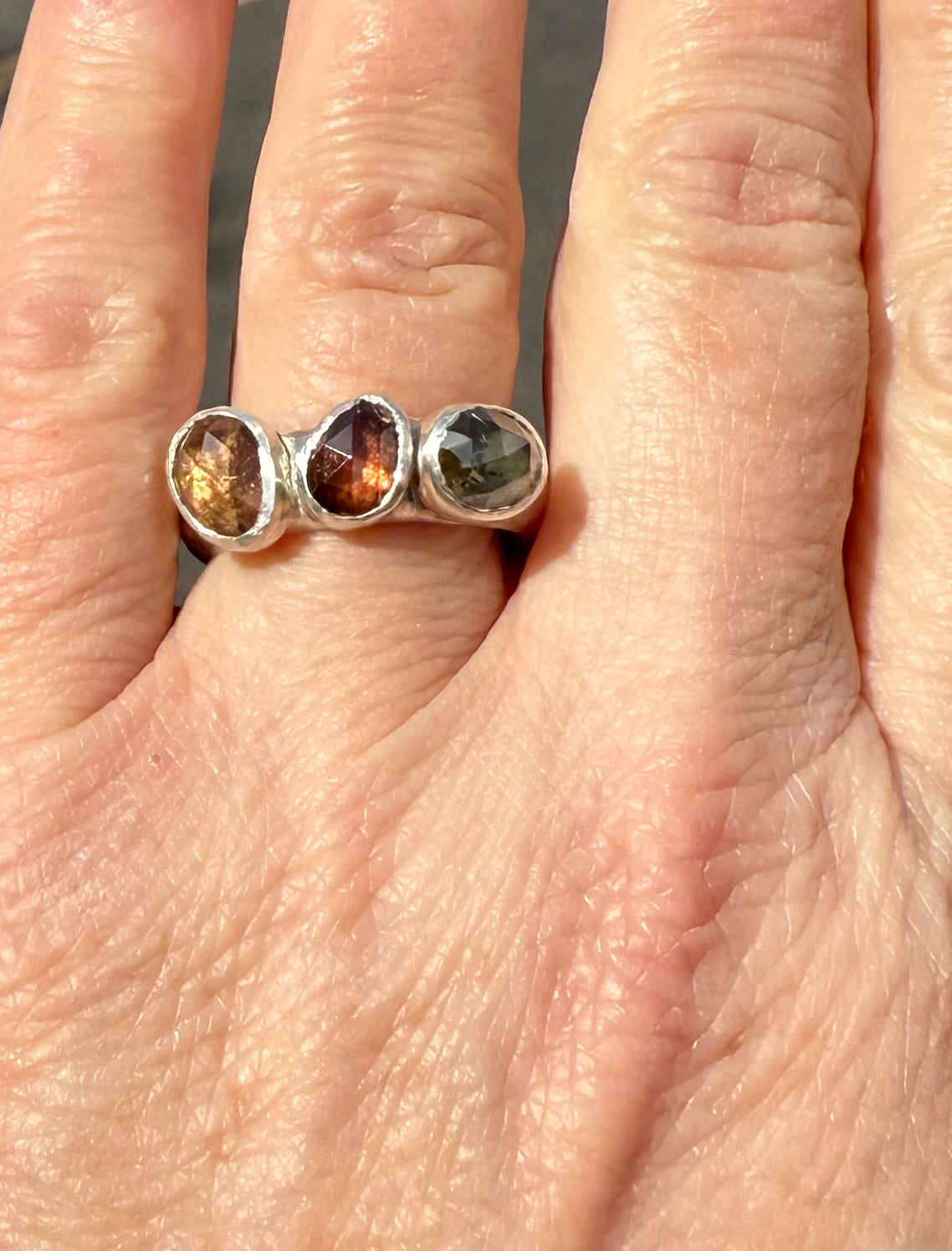 Three-Stone Zircon Ring | Autumn Zircon Trio | Hammered Sterling Silver Band