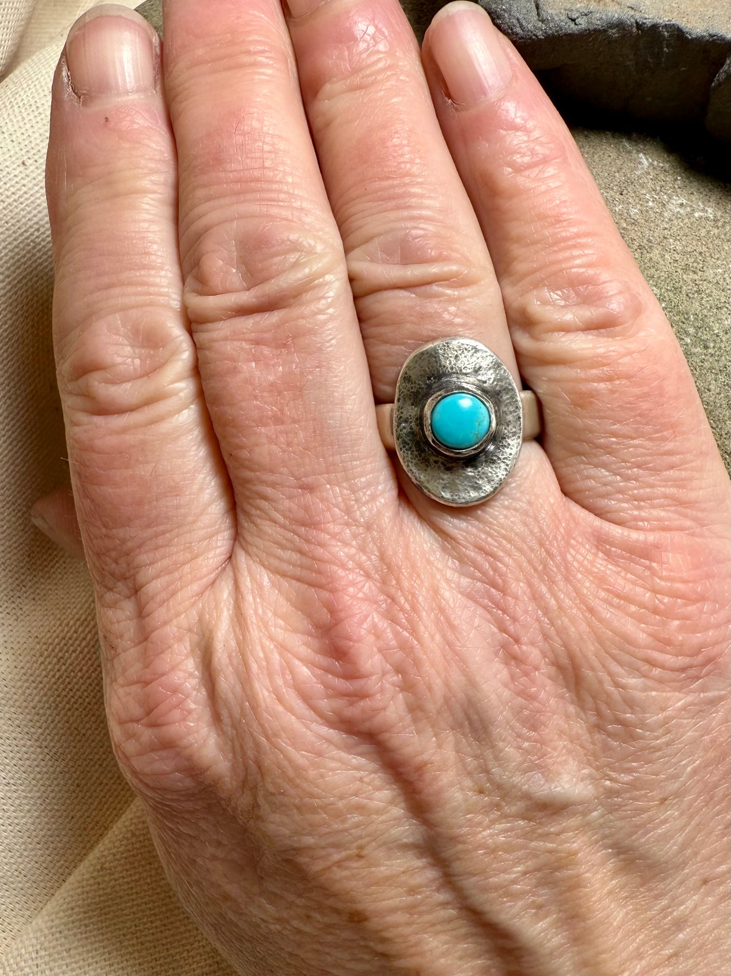 Turquoise ring with star accents in oxidized sterling silver, handmade statement jewelry