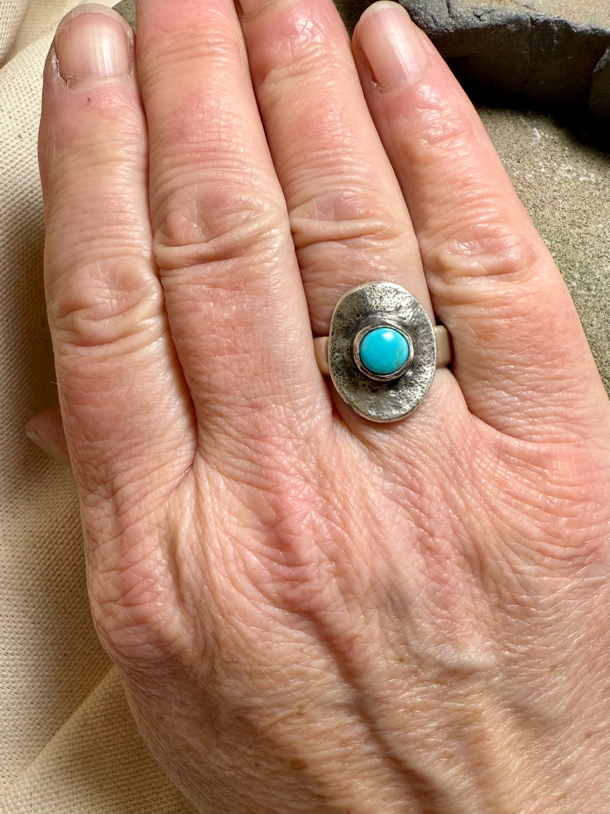 Turquoise ring with star accents in oxidized sterling silver, handmade statement jewelry