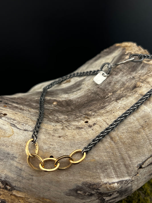 Handmade oxidized sterling silver foxtail chain necklace with solid 14K gold links