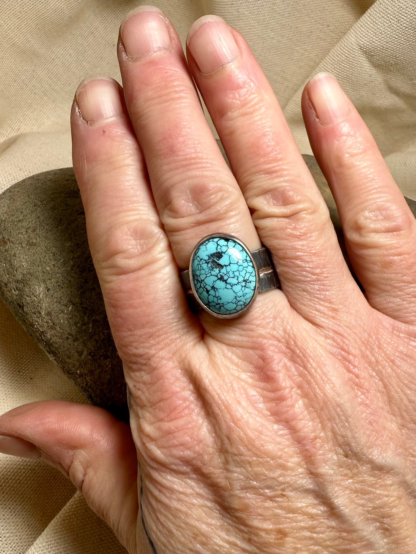Handmade turquoise statement ring with oxidized sterling silver wide band
