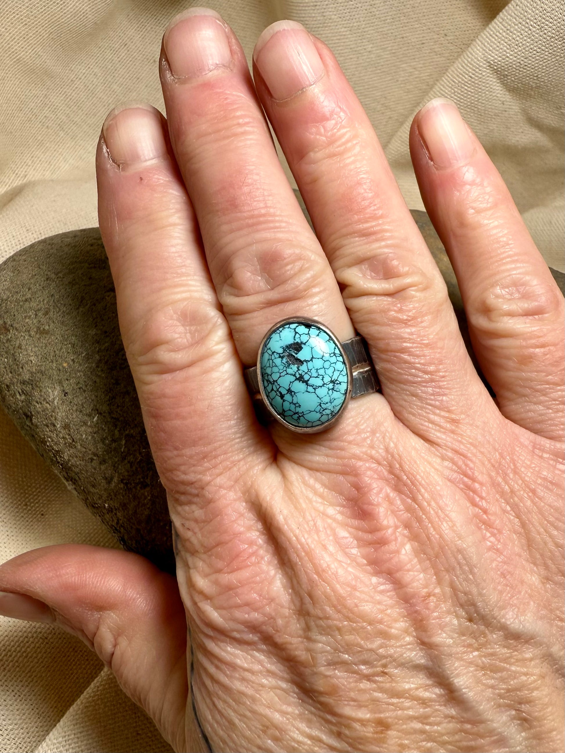 Handmade turquoise statement ring with oxidized sterling silver wide band