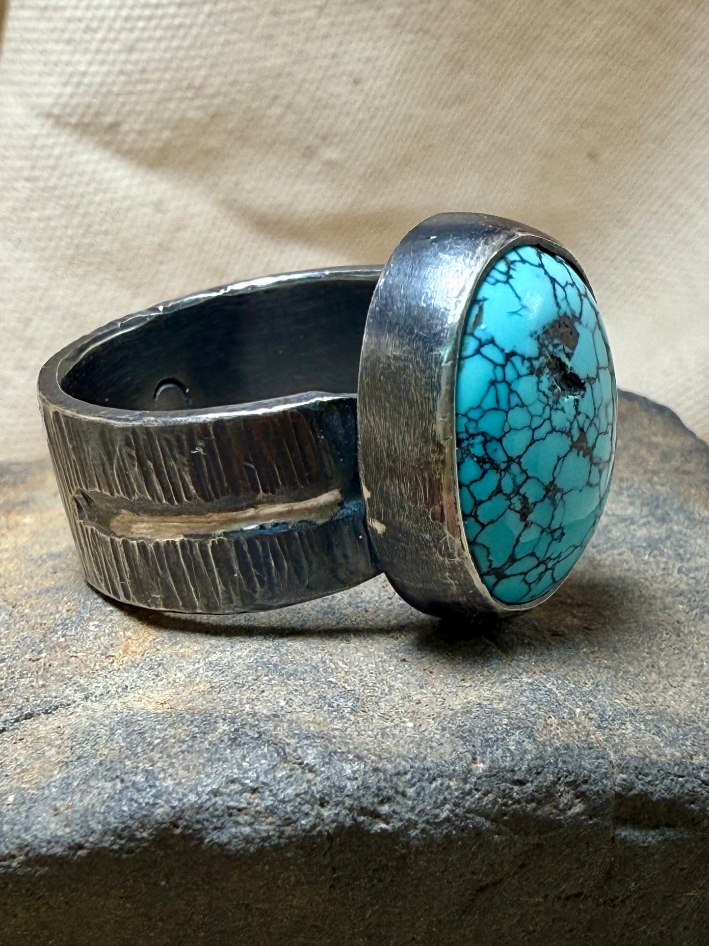 Handmade turquoise statement ring with oxidized sterling silver wide band